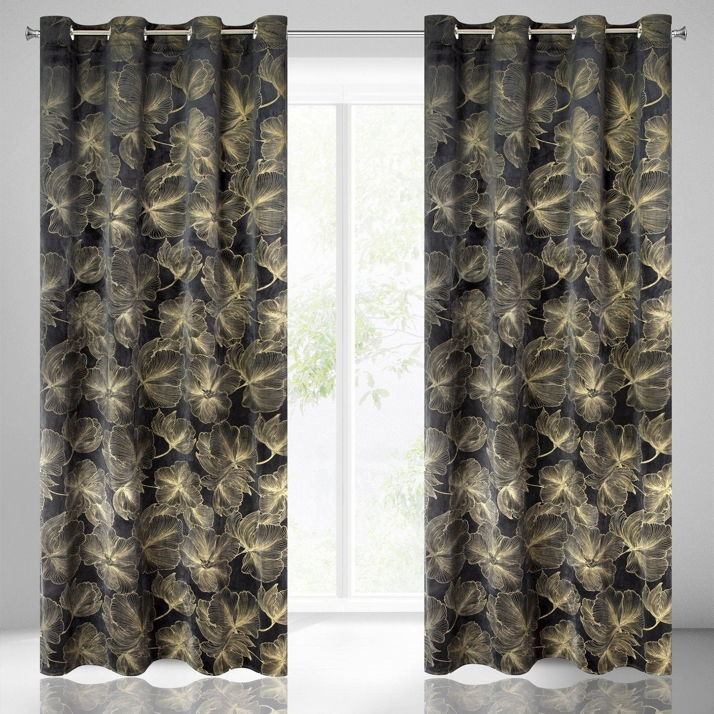 STELLA-Vorhang aus weichem Samt mit silbernem Blumenmotiv,(2ER Set),140 x 250 cm, Ösen/Räder