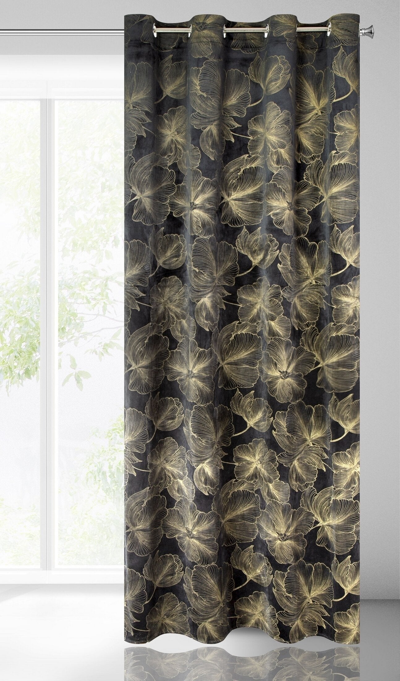 STELLA-Vorhang aus weichem Samt mit silbernem Blumenmotiv,(2ER Set),140 x 250 cm, Ösen/Räder