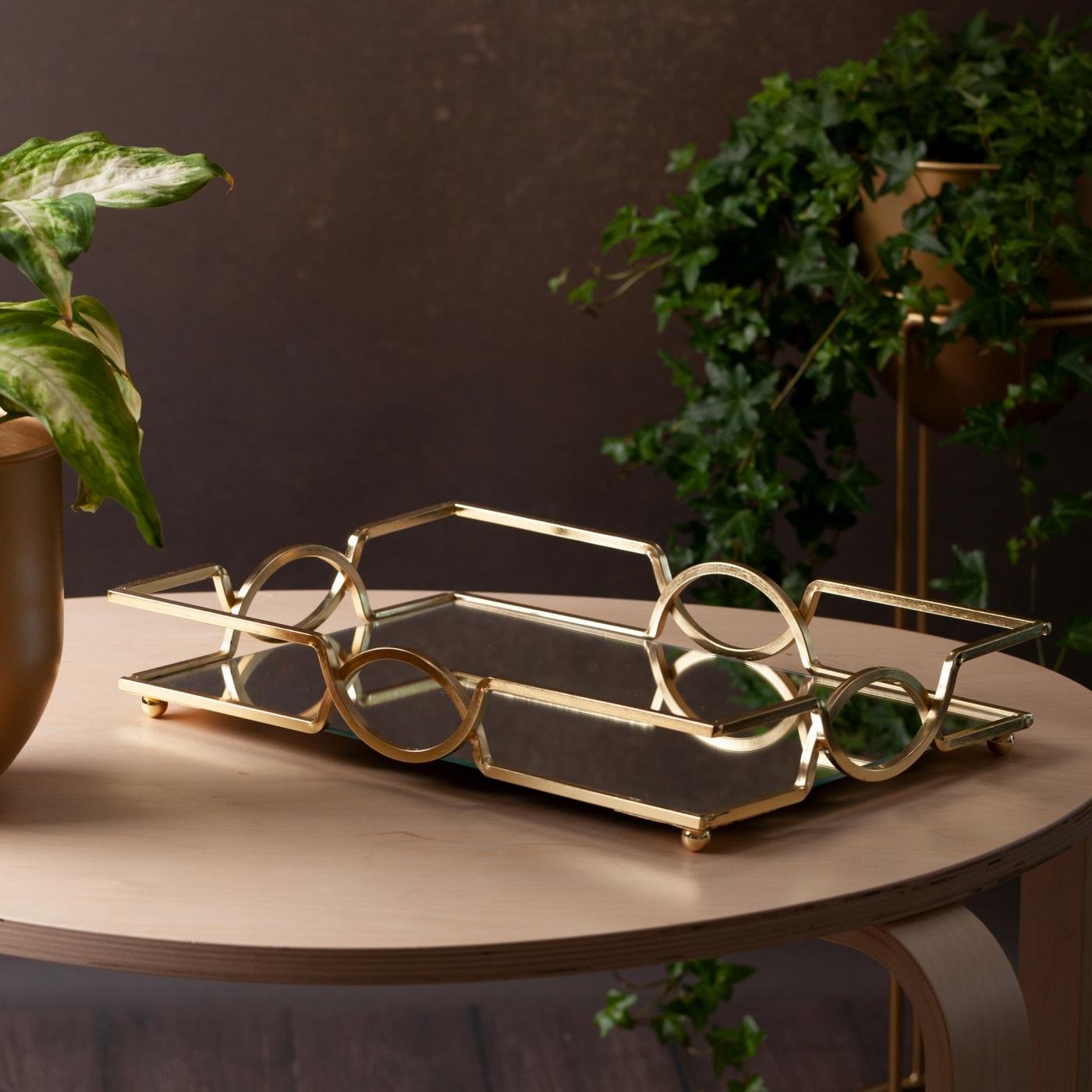 Dekoratives LETA-Tablett mit Spiegelplatte und Metallrand im Art-Deco-Stil, Gold
