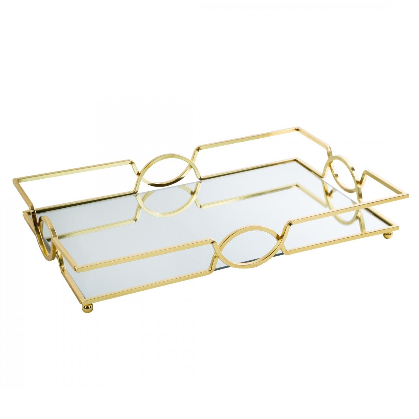 Dekoratives LETA-Tablett mit Spiegelplatte und Metallrand im Art-Deco-Stil, Gold