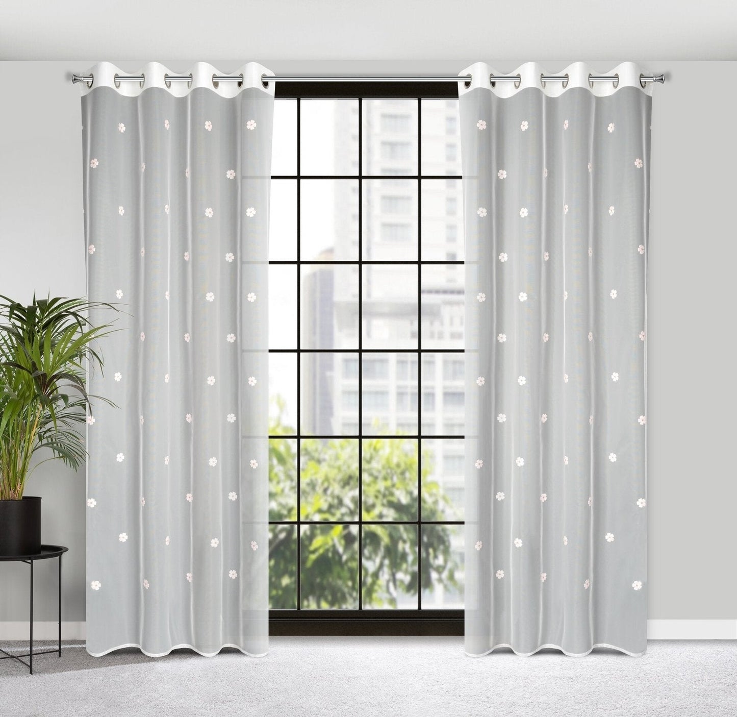 Gardine Blumen bestickt mit flauschigem Faden Ösen (2 St), transparent, Bestickt mit Blumen