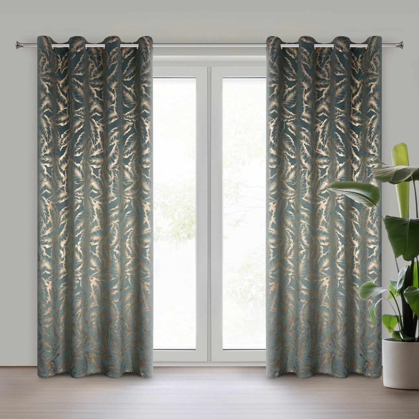 MILENA-Vorhang aus Samt, verziert mit einem Blattdruck,(2er Set),140 x 250 cm, Ösen/Räder