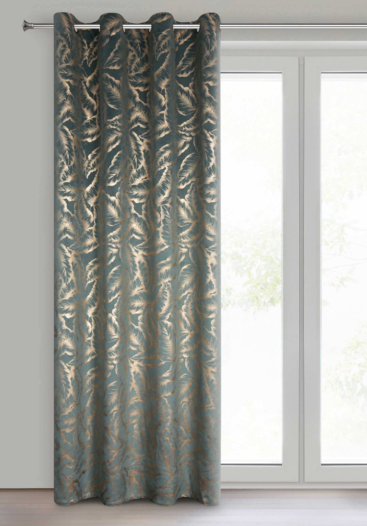 MILENA-Vorhang aus Samt, verziert mit einem Blattdruck,(2er Set),140 x 250 cm, Ösen/Räder