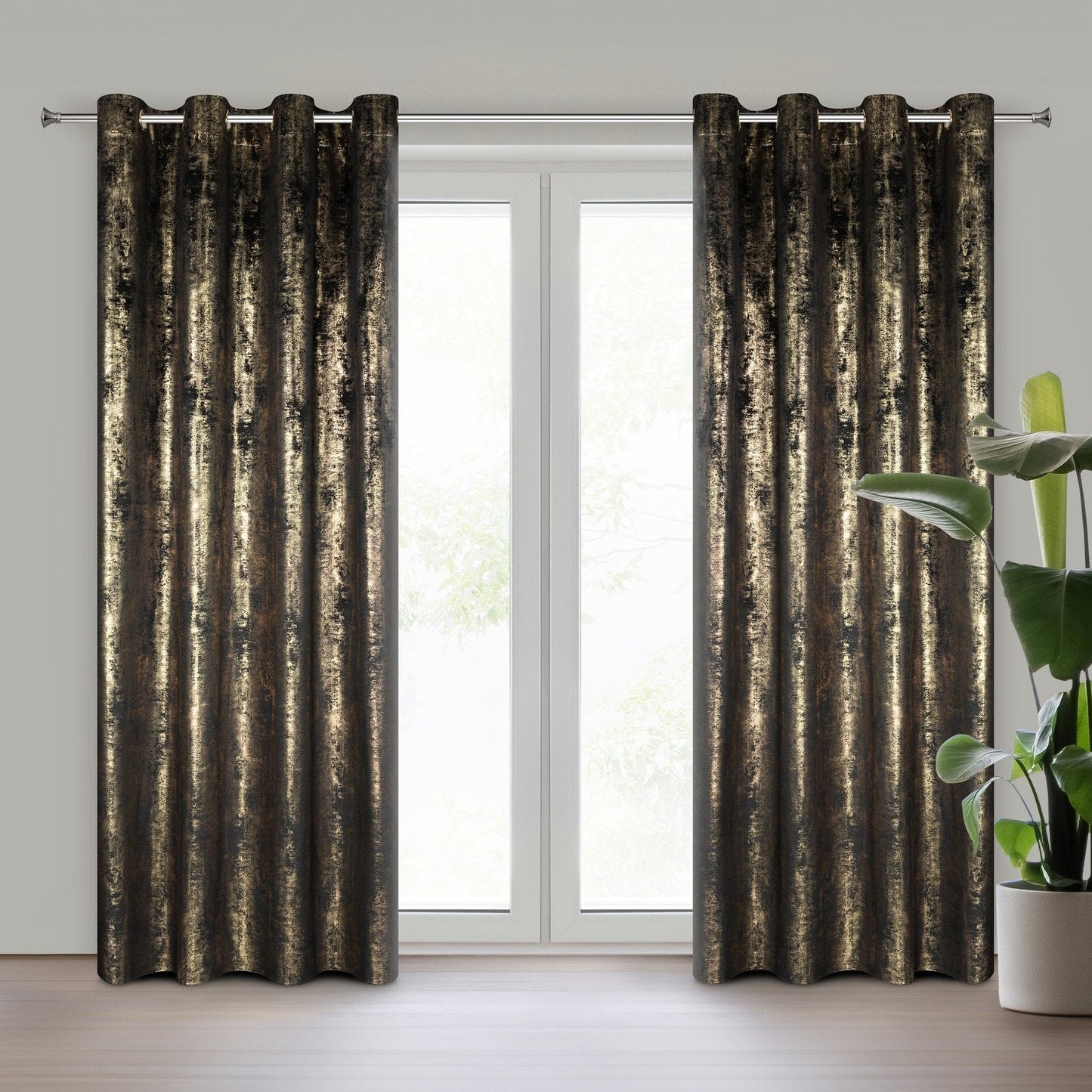 RENIA-Vorhang aus Samt, verziert mit einem glänzenden, abgenutzten Aufdruck,(2er Set),140 x 250 cm, Ösen/Räder
