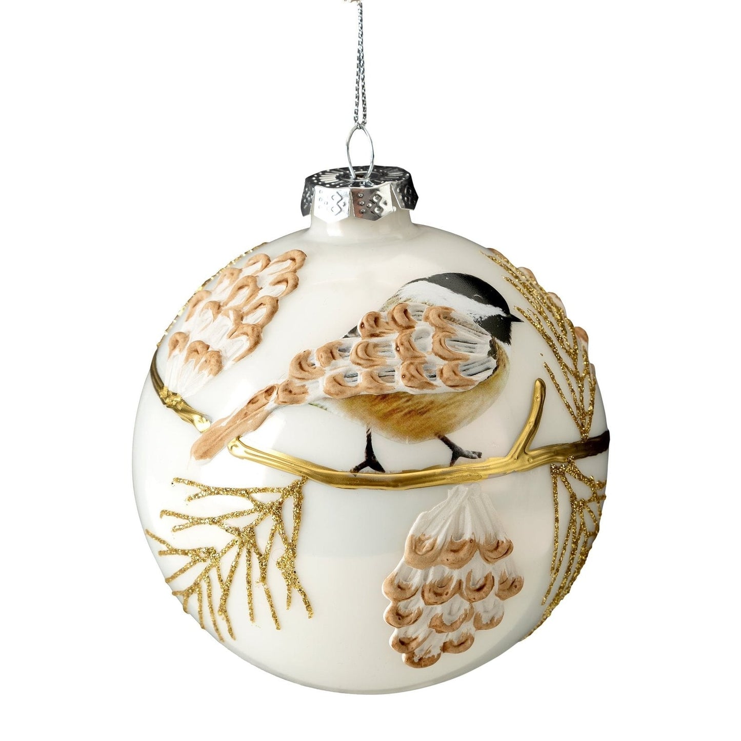 Glaskugel handverziert (4er Set) Vogel, weiß/gold, 10 cm
