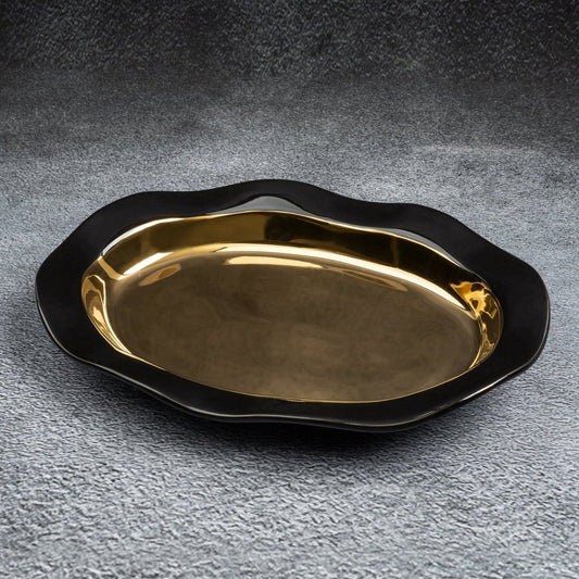 Keramikplatte mit gewellter Form, Schwarz und Gold