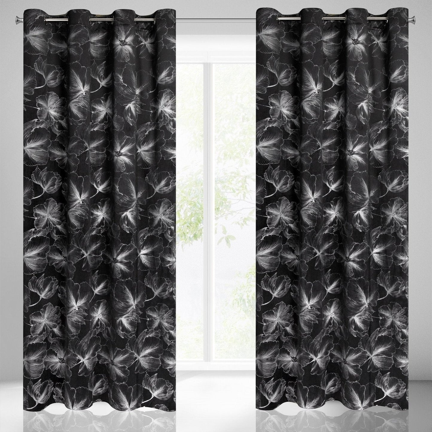 STELLA-Vorhang aus weichem Samt mit silbernem Blumenmotiv,(2ER Set),140 x 250 cm, Ösen/Räder