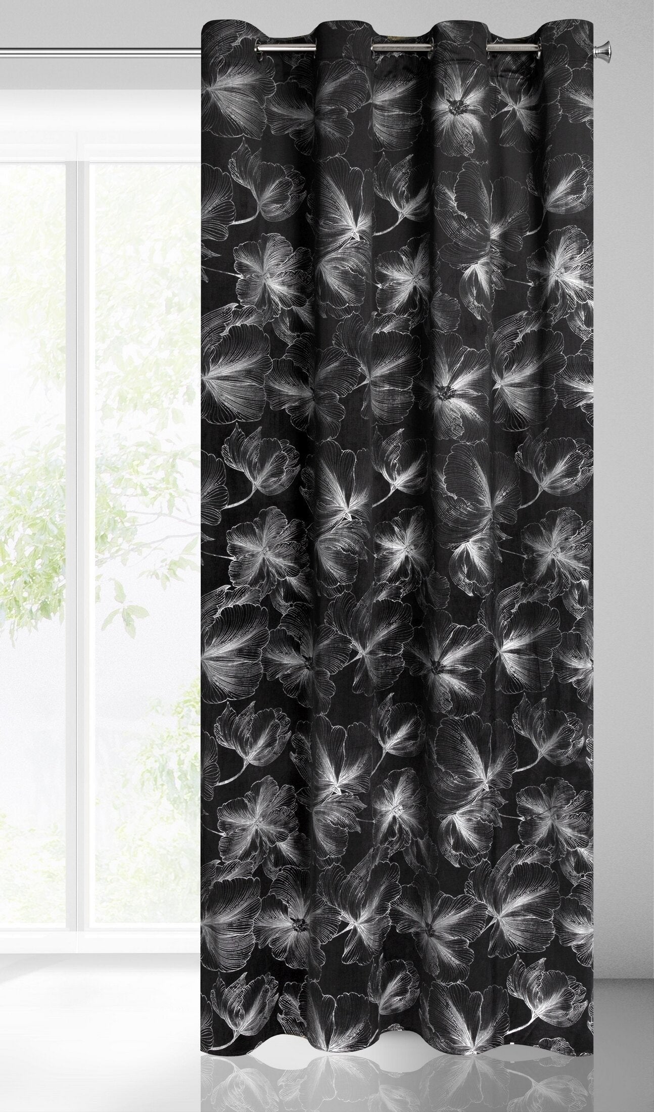 STELLA-Vorhang aus weichem Samt mit silbernem Blumenmotiv,(2ER Set),140 x 250 cm, Ösen/Räder