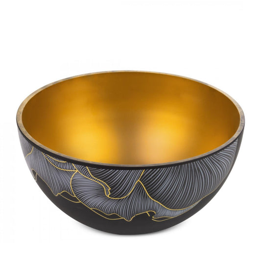 PEONIA schwarz-goldene Schale aus Kunstglas mit einem Motiv aus Pfingstrosenblättern
