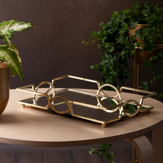 Dekoratives LETA-Tablett mit Spiegelplatte und Metallrand im Art-Deco-Stil, Gold