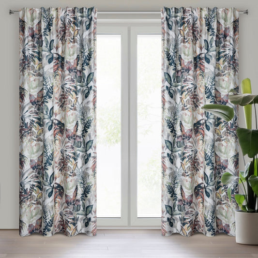 LILIA-Vorhang im Öko-Stil mit einem gemalten Aufdruck aus bunten Blättern,(2er Set), 140 x 270 cm, Klebeband/Hosenträger