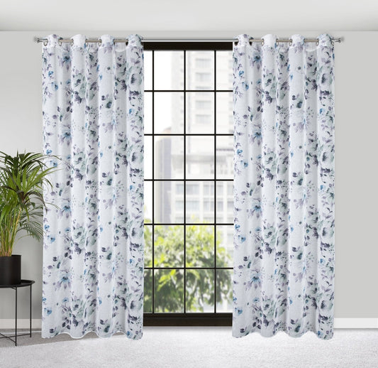 Fensterdekoration NALA aus hellem Etamin mit einem Motiv aus mit dem Pinsel aufgemalten Blumen,(2er Set),135 x 250 cm,Ösen/Kreise