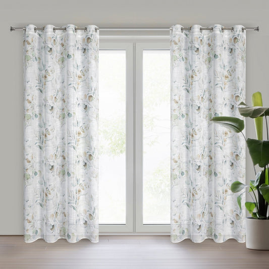 Fertiger SENA-Vorhang im Öko-Stil, verziert mit dezenten, zarten Blättern,(2er Set),140 x 250 cm, Ösen/Räder