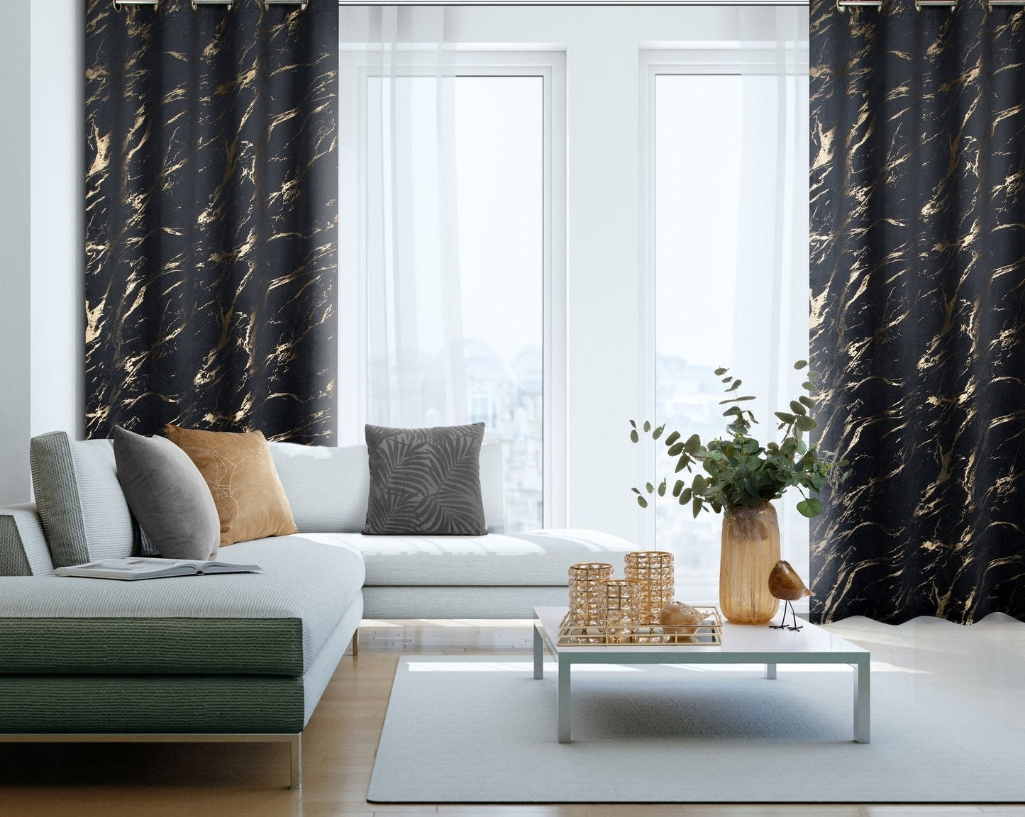 Gardine MOLLY-Vorhang aus Samt mit glänzenden GOLD-Ösen aus Marmor(2er Set), 140x250 cm, schwarz/gold
